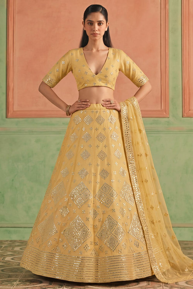 Yellow Mirror Work with Embroidered Organza Lehenga (ACB1937)