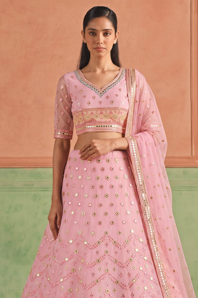 Pink Mirror Work with Embroidered Organza Lehenga (ACB1938)