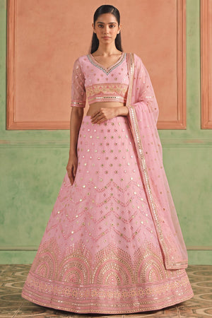Pink Mirror Work with Embroidered Organza Lehenga (ACB1938)