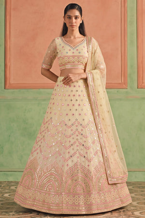 Yellow Mirror Work with Embroidered Organza Lehenga (ACB1939)