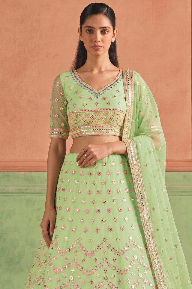 Green Mirror Work with Embroidered Organza Lehenga (ACB1940)