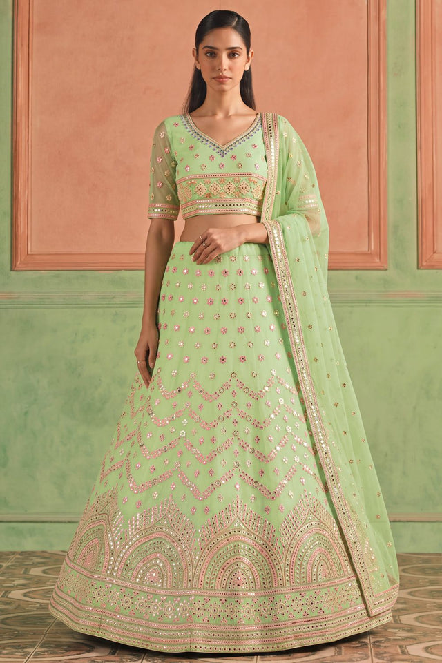 Green Mirror Work with Embroidered Organza Lehenga (ACB1940)