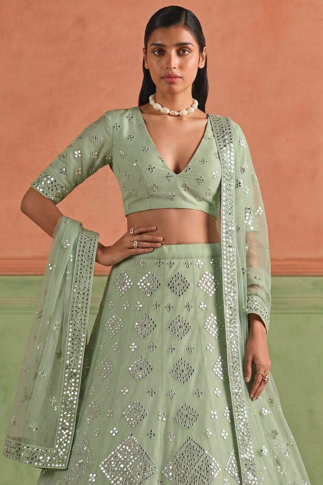 Green Mirror Work Organza Lehenga (ACB1941)