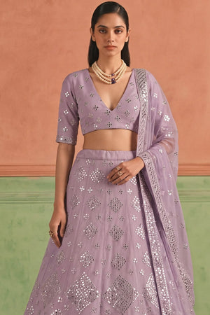 Purple Mirror Work Organza Lehenga (ACB1942)