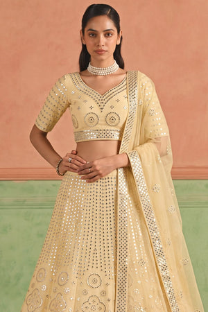 Yellow Mirror Work Organza Lehenga (ACB1943)