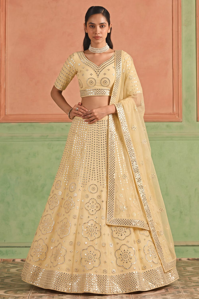 Yellow Mirror Work Organza Lehenga (ACB1943)