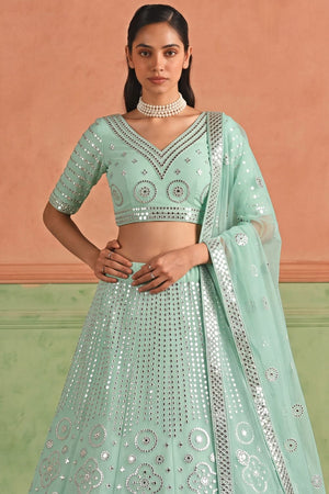 Blue Mirror Work Organza Lehenga (ACB1944)
