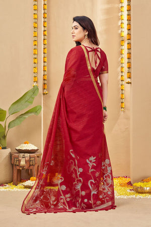 Red Zari Woven Linen Saree (ACB1954)