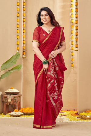 Red Zari Woven Linen Saree (ACB1954)