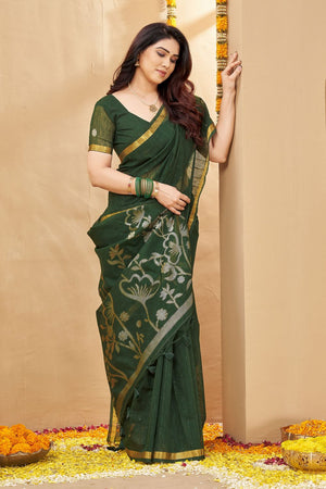 Green Zari Woven Linen Saree (ACB1955)