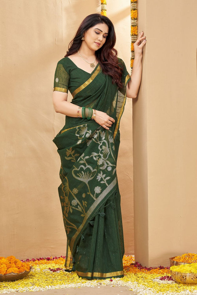 Green Zari Woven Linen Saree (ACB1955)