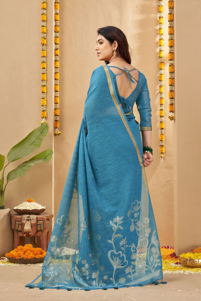 Blue Zari Woven Linen Saree (ACB1957)