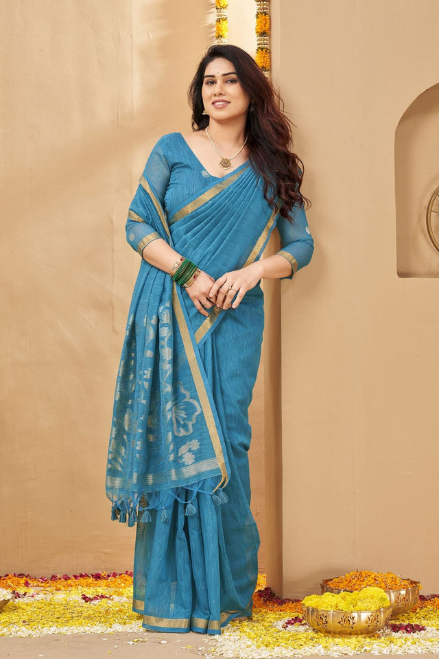 Blue Zari Woven Linen Saree (ACB1957)
