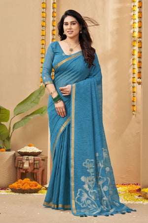 Blue Zari Woven Linen Saree (ACB1957)