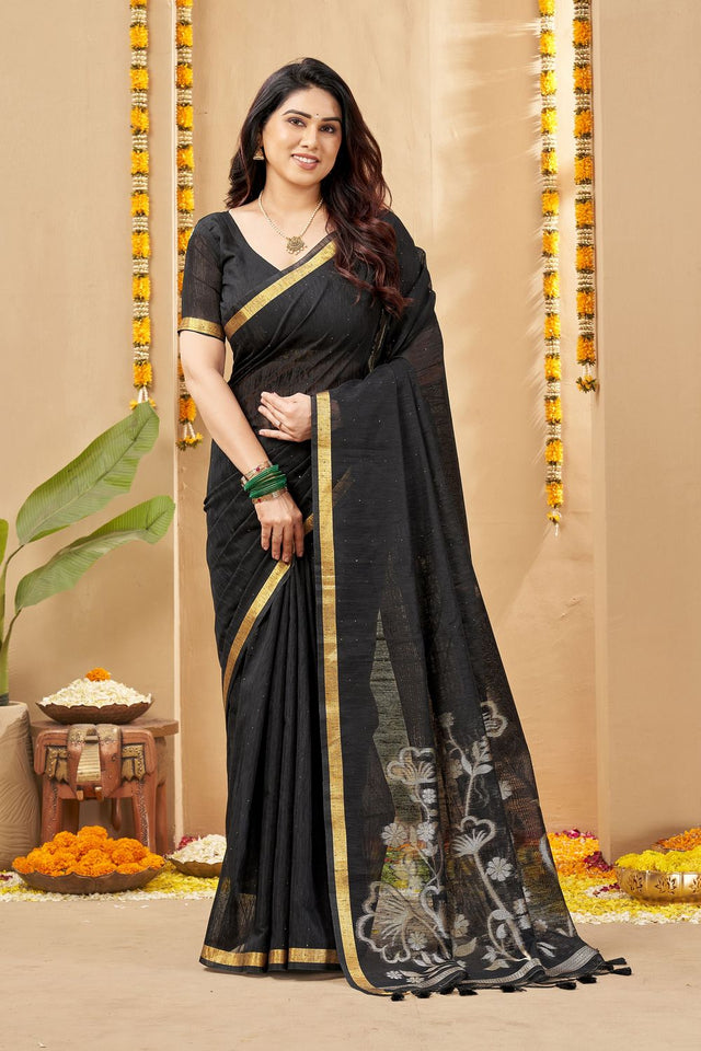 Black Zari Woven Linen Saree (ACB1958)