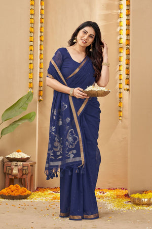 Blue Zari Woven Linen Saree (ACB1959)