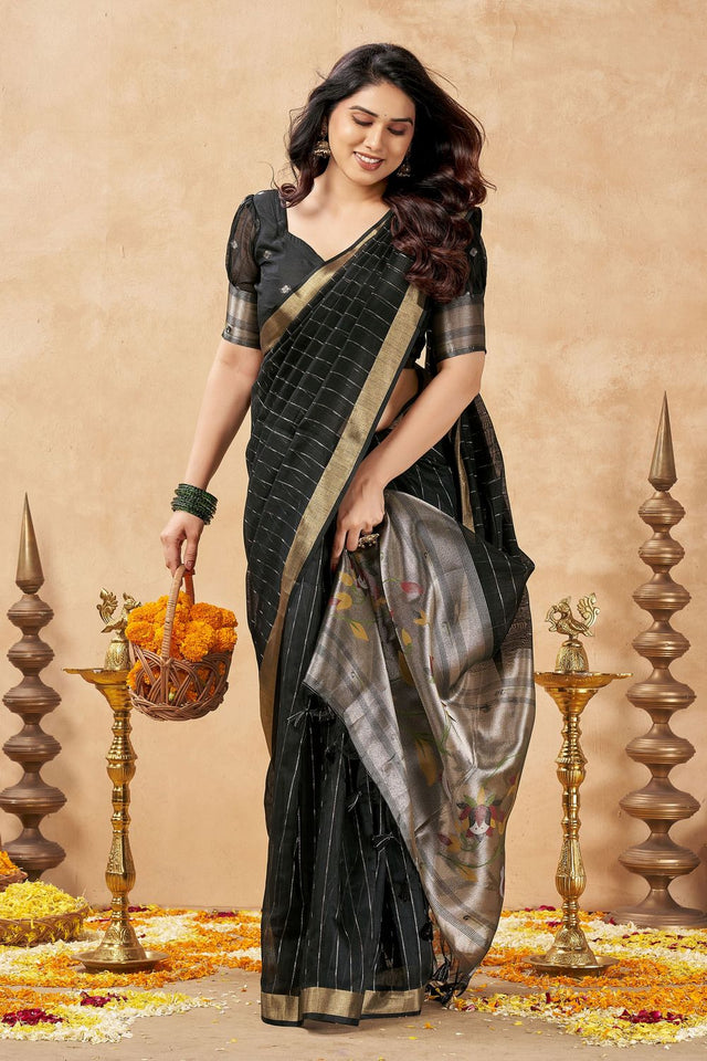 Black Zari Woven Tissue Saree (ACB1960)