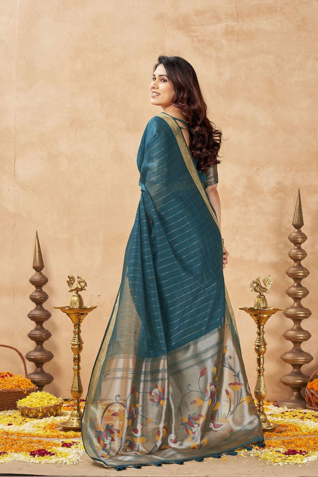 Turquoise Zari Woven Tissue Saree (ACB1961)