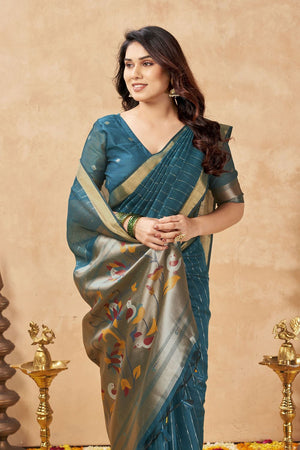 Turquoise Zari Woven Tissue Saree (ACB1961)