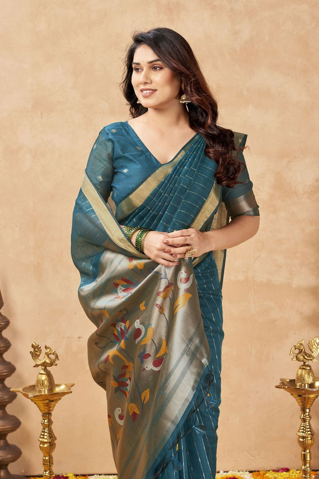 Turquoise Zari Woven Tissue Saree (ACB1961)