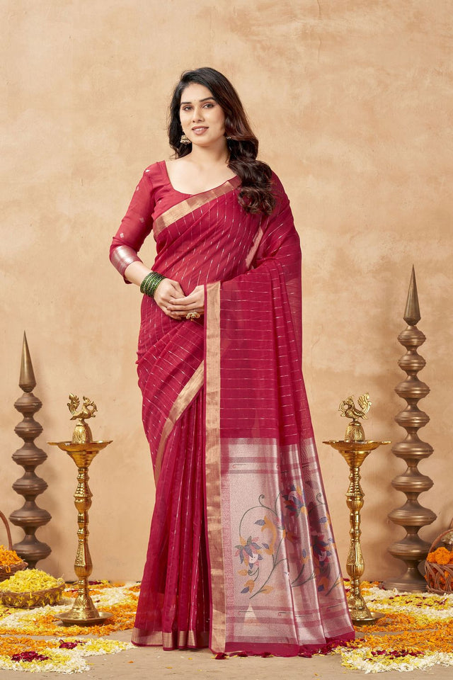 Maroon Zari Woven Tissue Saree (ACB1963)