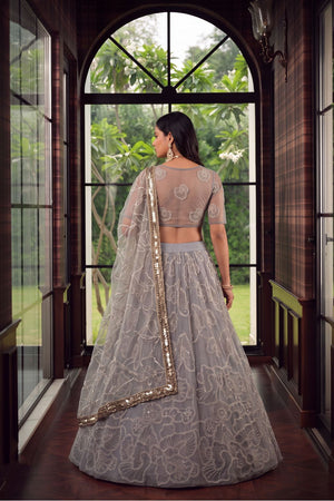 Grey Floral Embroidered Net Lehenga (ACA1978)
