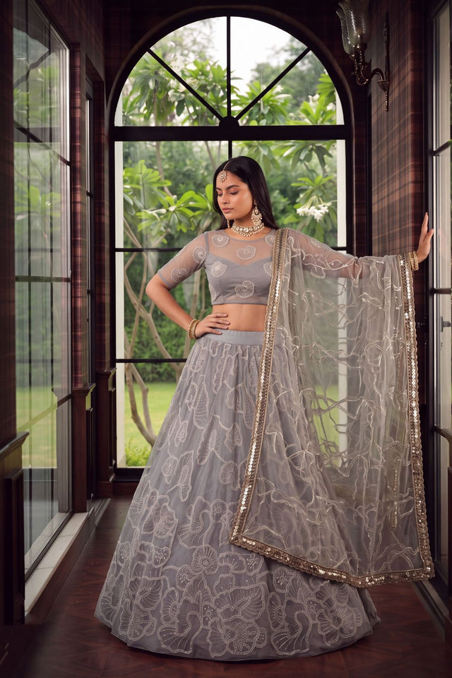 Grey Floral Embroidered Net Lehenga (ACA1978)