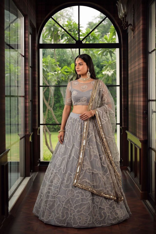 Grey Floral Embroidered Net Lehenga (ACA1978)