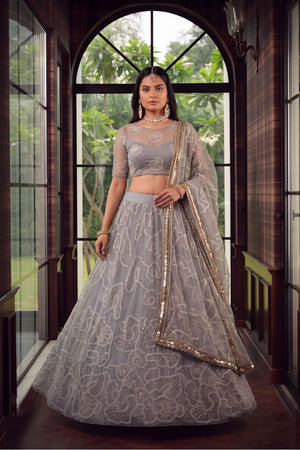 Grey Floral Embroidered Net Lehenga (ACA1978)