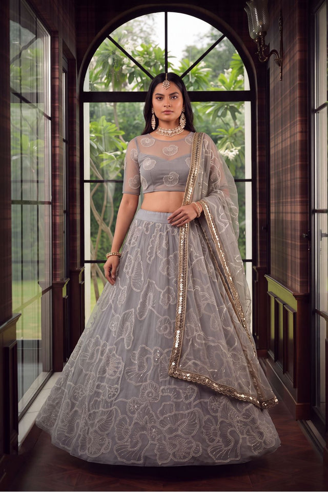 Grey Floral Embroidered Net Lehenga (ACA1978)