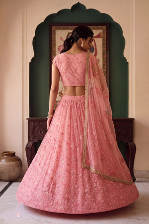 Pink Floral Embroidered Net Lehenga (ACA1979)