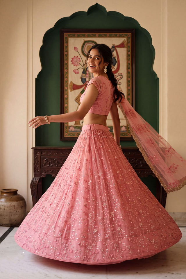 Pink Floral Embroidered Net Lehenga (ACA1979)