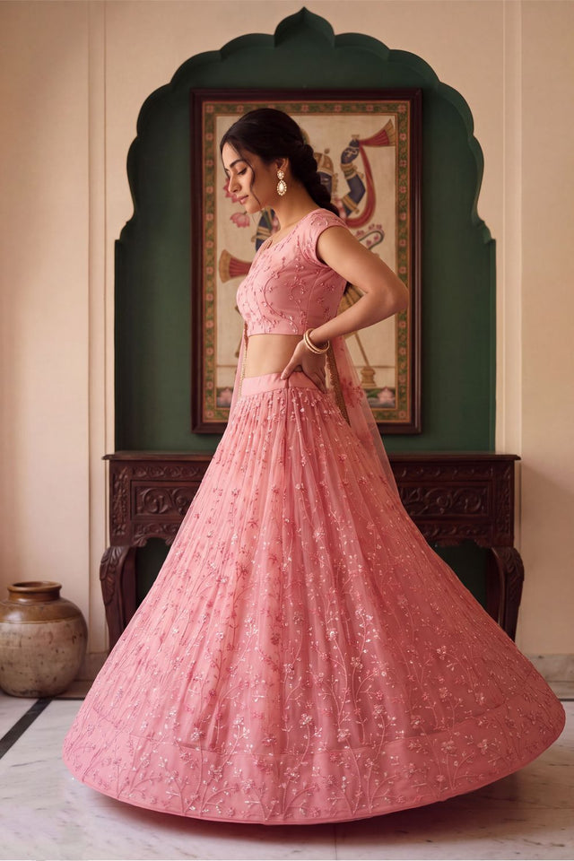 Pink Floral Embroidered Net Lehenga (ACA1979)