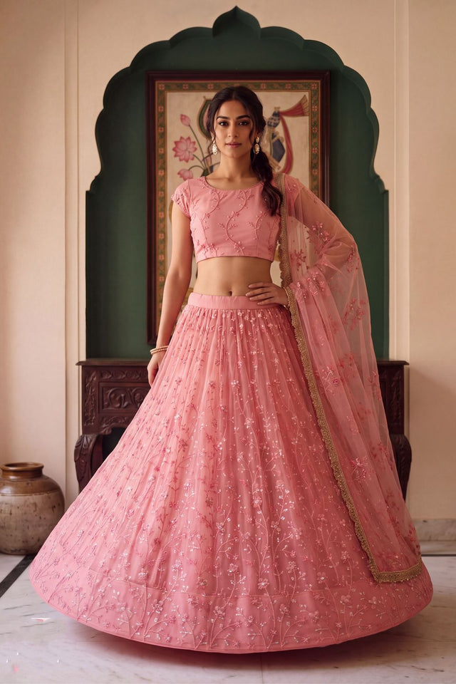 Pink Floral Embroidered Net Lehenga (ACA1979)
