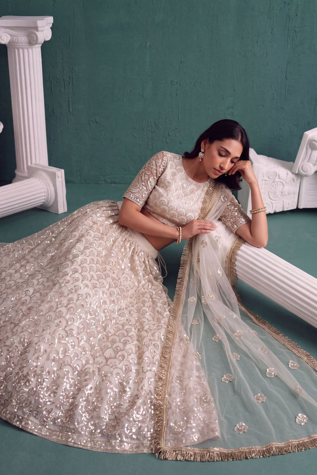 Off White Heavy Embroidered Net Lehenga (ACA1981)