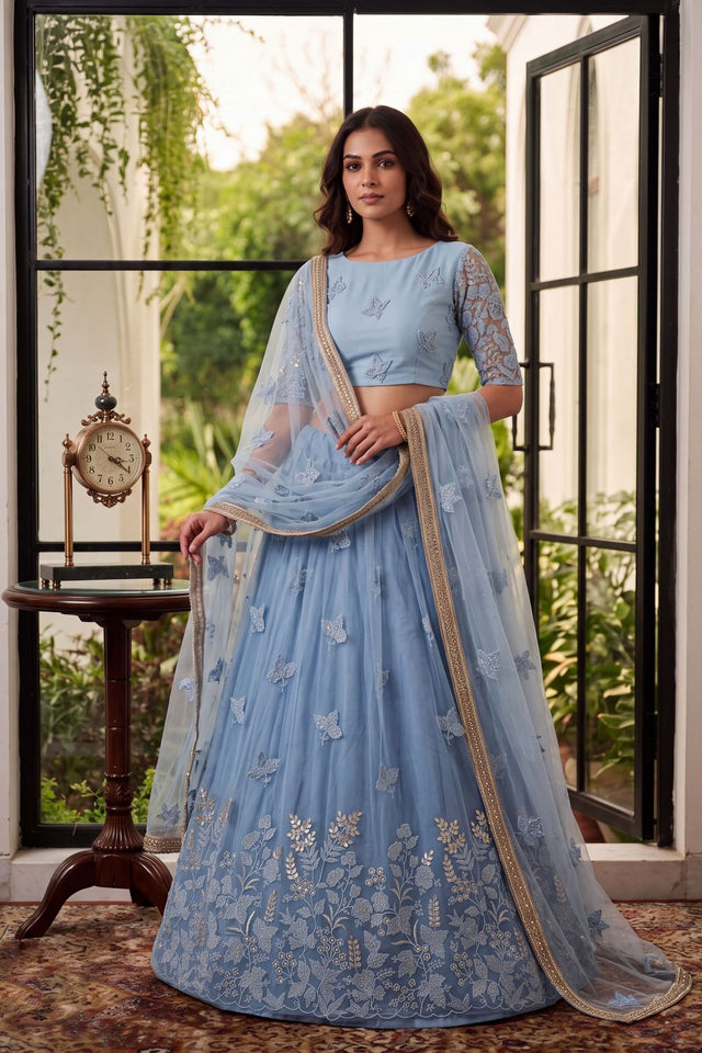 Blue Floral Embroidered Net Lehenga (ACA1982)
