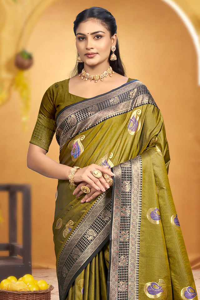 Olive Green Woven Silk Saree (ACB1983)