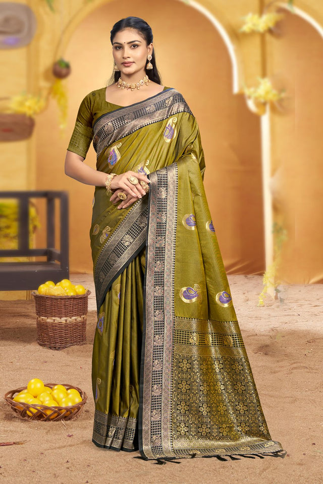 Olive Green Woven Silk Saree (ACB1983)