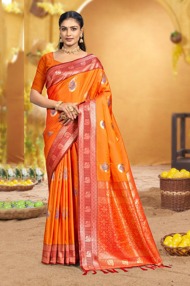 Orange Woven Silk Saree (ACB1986)