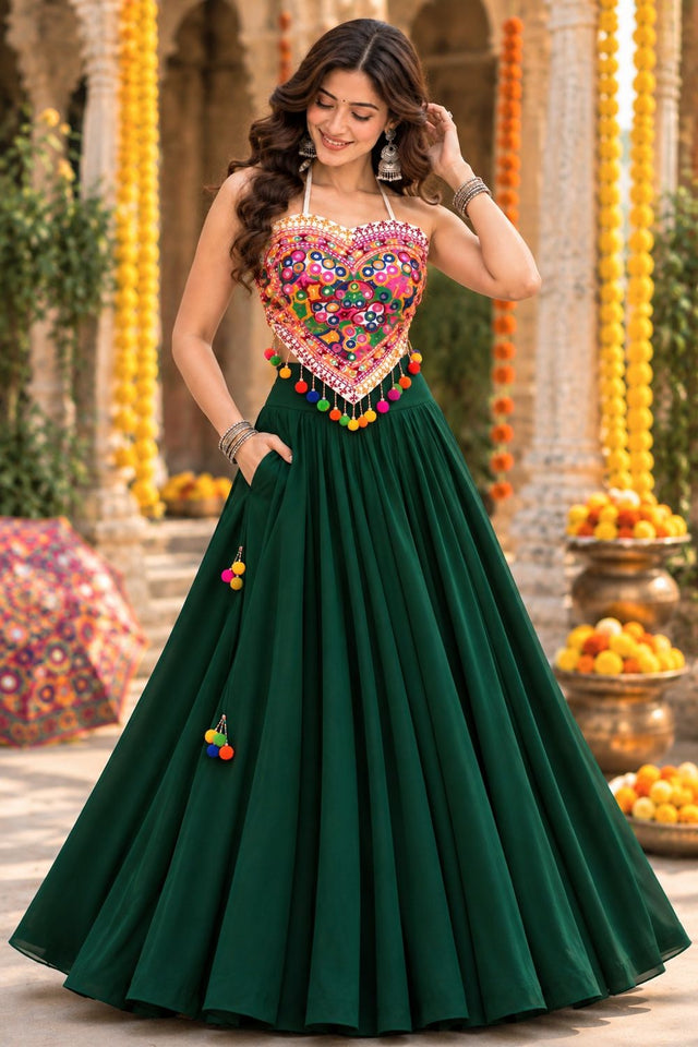 Green Solid Georgette Lehenga (ACB2010)