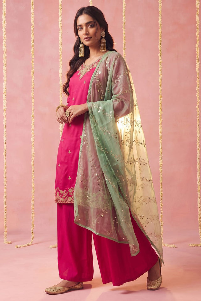 Pink Floral Embroidered Viscose Sharara Suit (ACB2021)