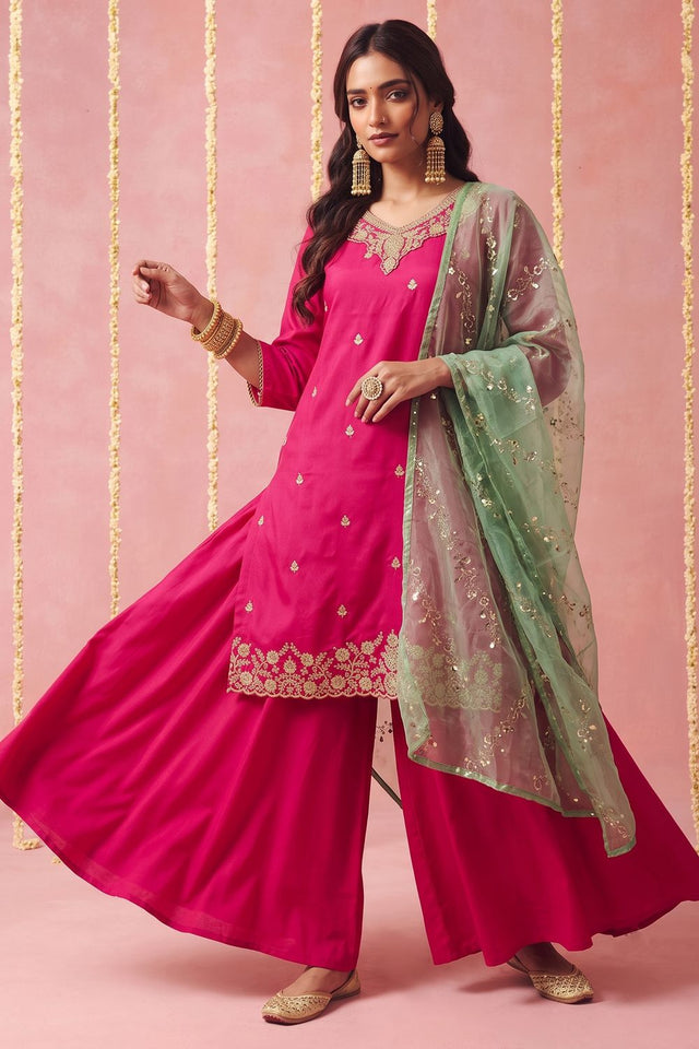 Pink Floral Embroidered Viscose Sharara Suit (ACB2021)