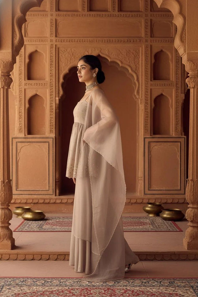 Beige Beads Embossed Organza Sharara Suit (ACB2022)