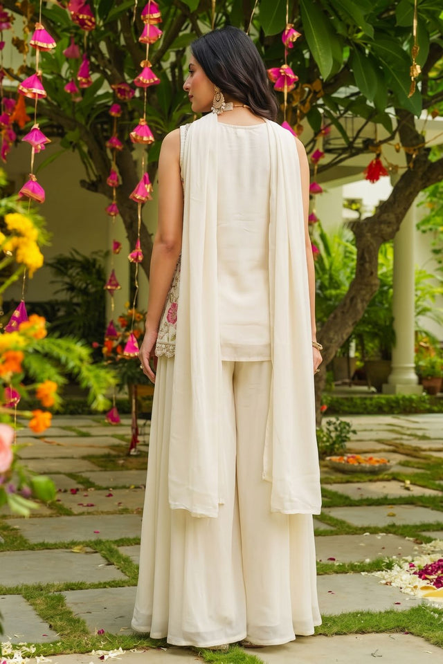 Off White Beads with Floral Embroidered Silk Sharara Suit (ACB2024)