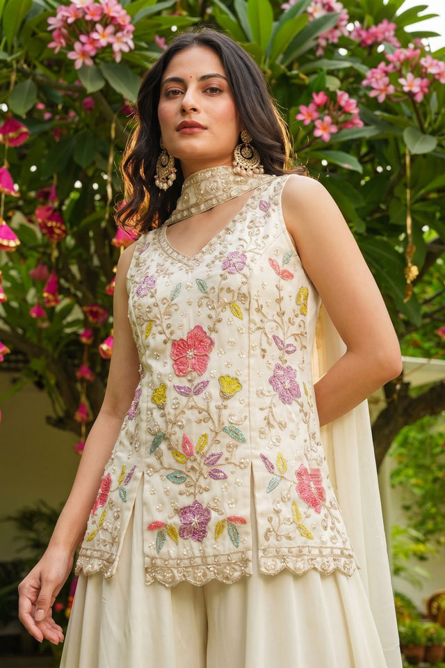 Off White Beads with Floral Embroidered Silk Sharara Suit (ACB2024)