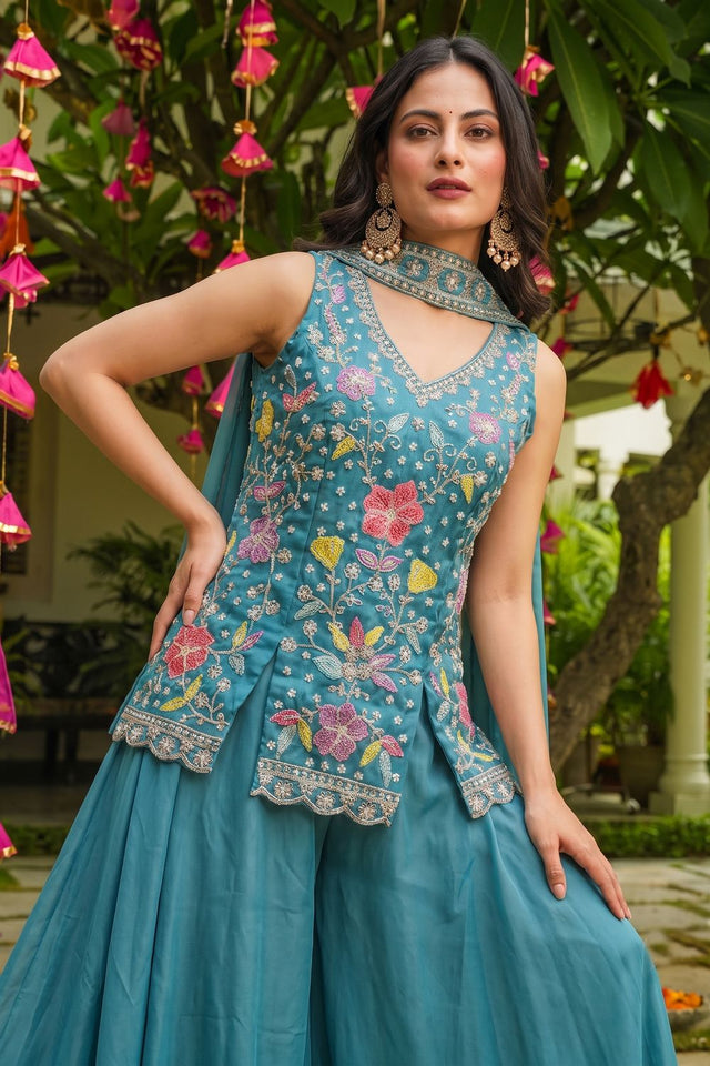 Turquoise Beads with Floral Embroidered Silk Sharara Suit (ACB2025)