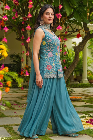 Turquoise Beads with Floral Embroidered Silk Sharara Suit (ACB2025)