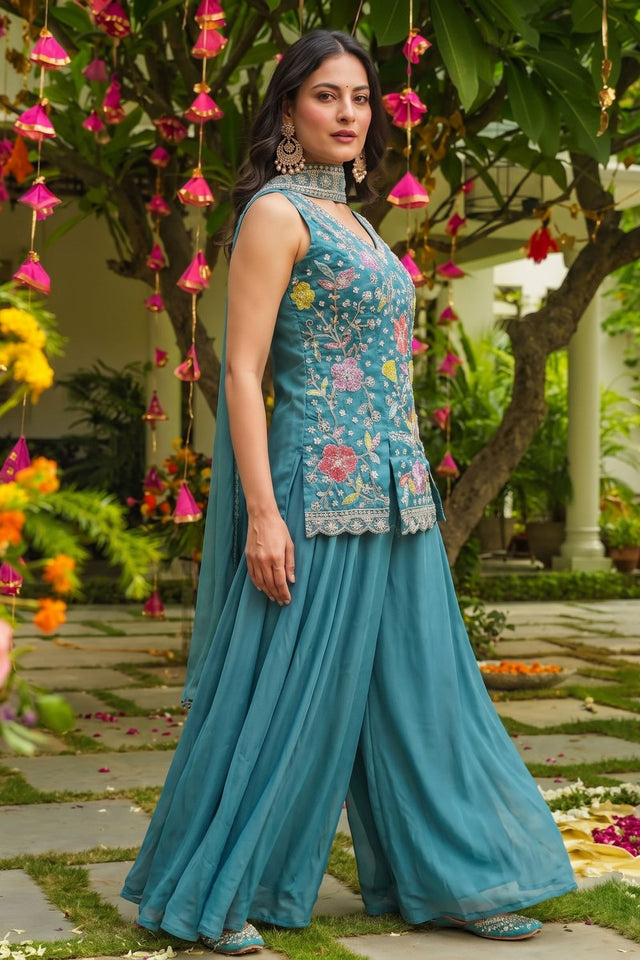 Turquoise Beads with Floral Embroidered Silk Sharara Suit (ACB2025)