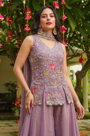 Lavender Beads with Floral Embroidered Silk Sharara Suit (ACB2026)