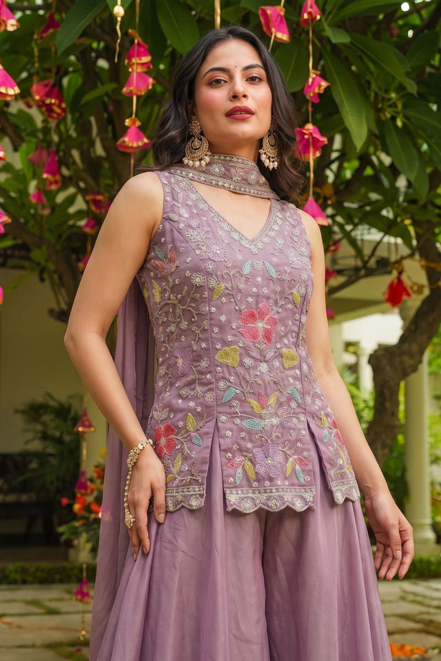 Lavender Beads with Floral Embroidered Silk Sharara Suit (ACB2026)